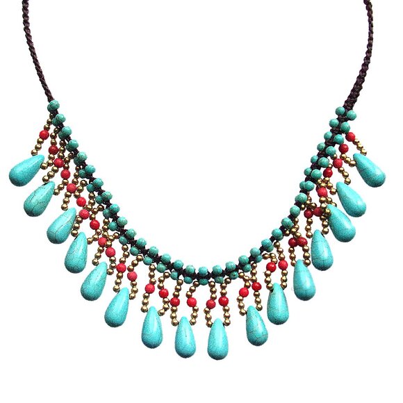 Turquoise fringe bead necklace with small teardrop shape stones and red stones - Picture 2 of 9